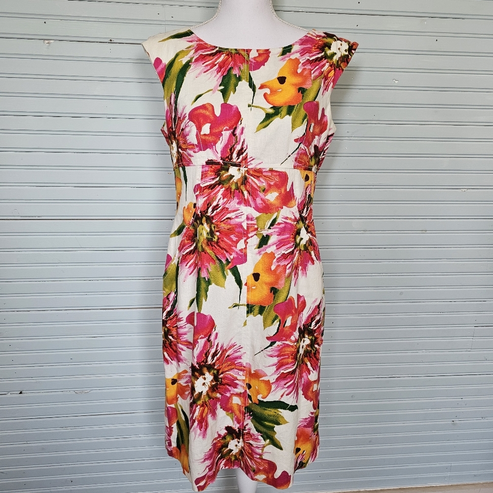 Isabella DeMarco Tahari Levine Linen Blend Pink Orange Floral Sheath Dress Sz 8